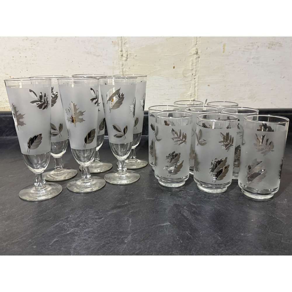 Vintage Libbey Silver Leaf Frosted Glassware Set 14 pc Pilsner & Tumbler Glasses